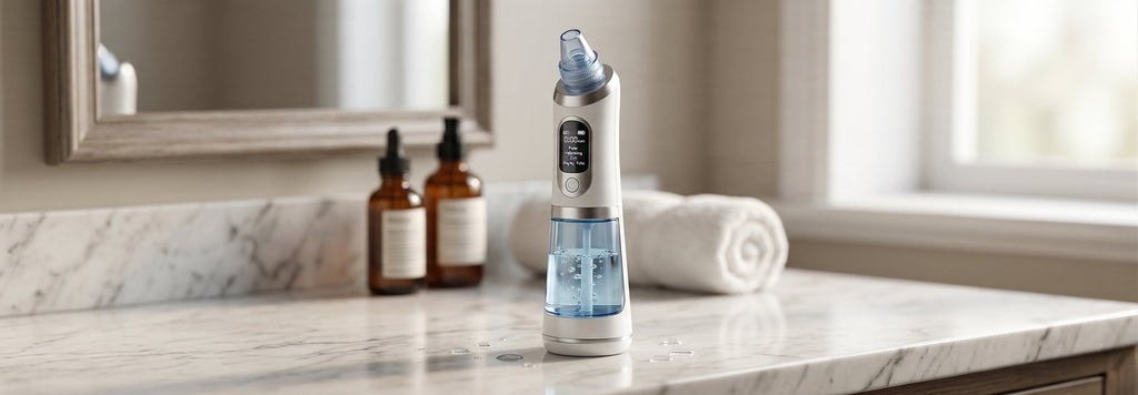 Nasal aspirator on a bathroom counter with bottles and a mirror in the background