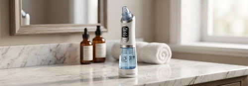 Nasal aspirator on a bathroom counter with bottles and a mirror in the background