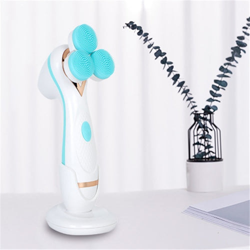 White and blue handheld device with brush attachments on a white background