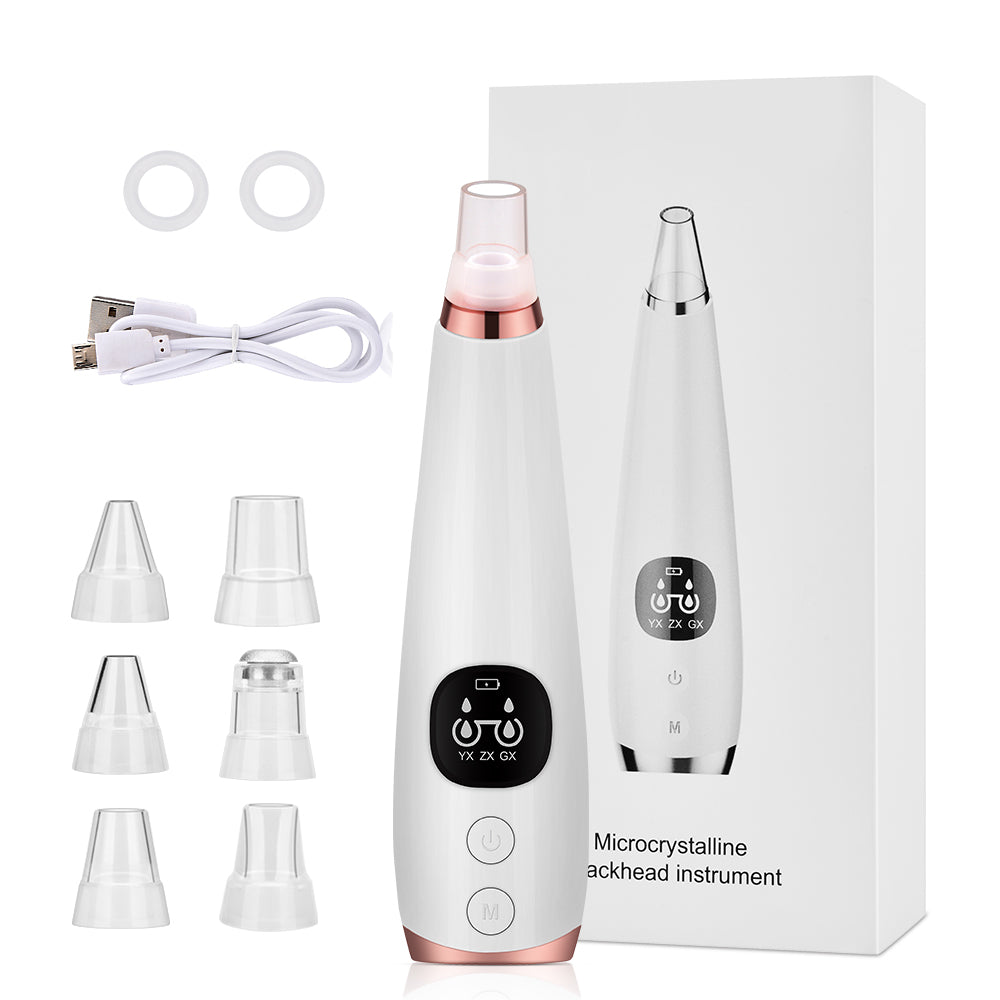 White and rose gold microcrystalline skin care device with attachments and packaging on a white background
