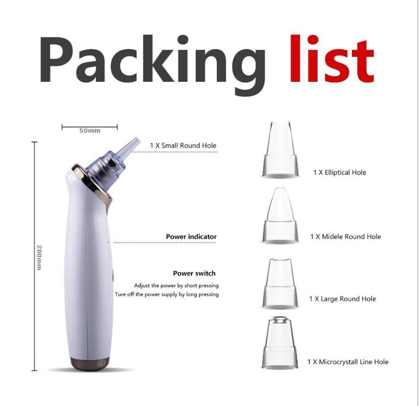 Packing list for a white ear cleaning device with attachments and specifications.