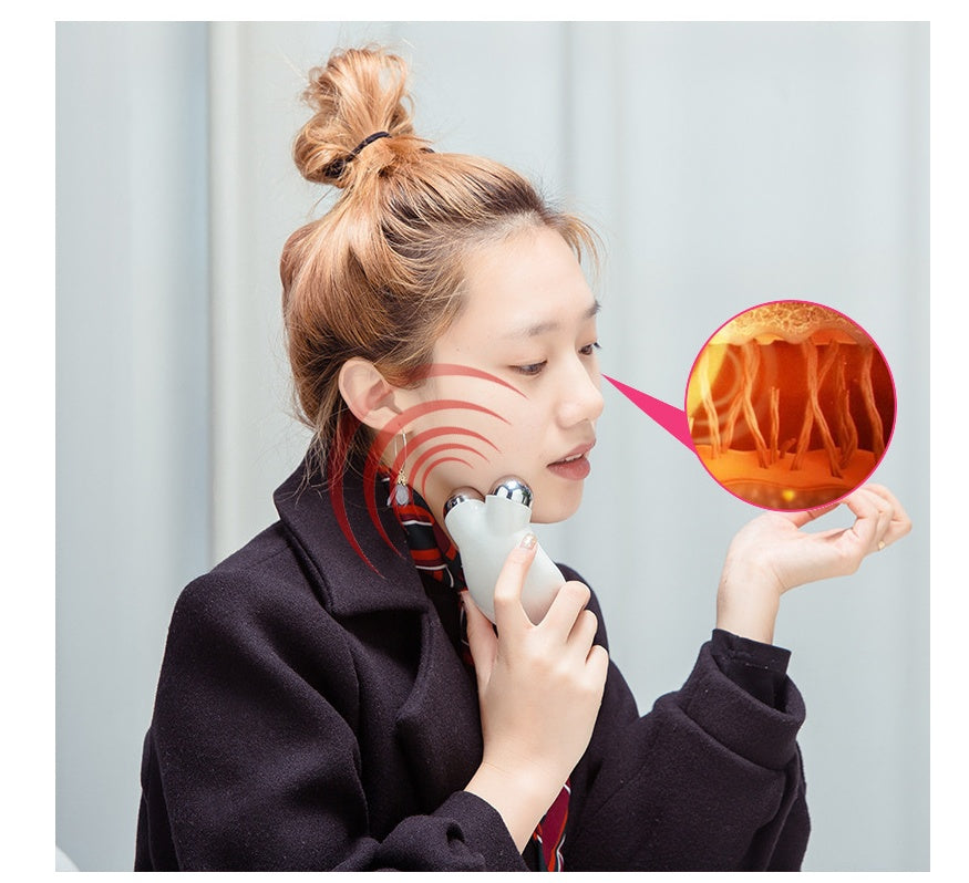 Woman using a device on her cheeks with an inset showing internal skin structure.