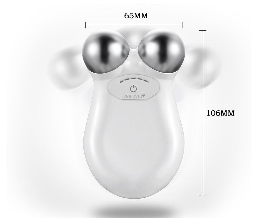 White handheld device with two silver knobs and measurement labels on a white background