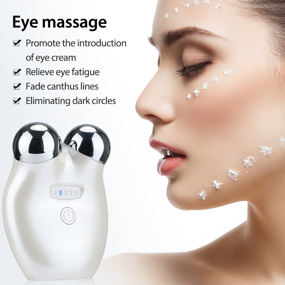Eye massage device with a woman's face showing eye care benefits