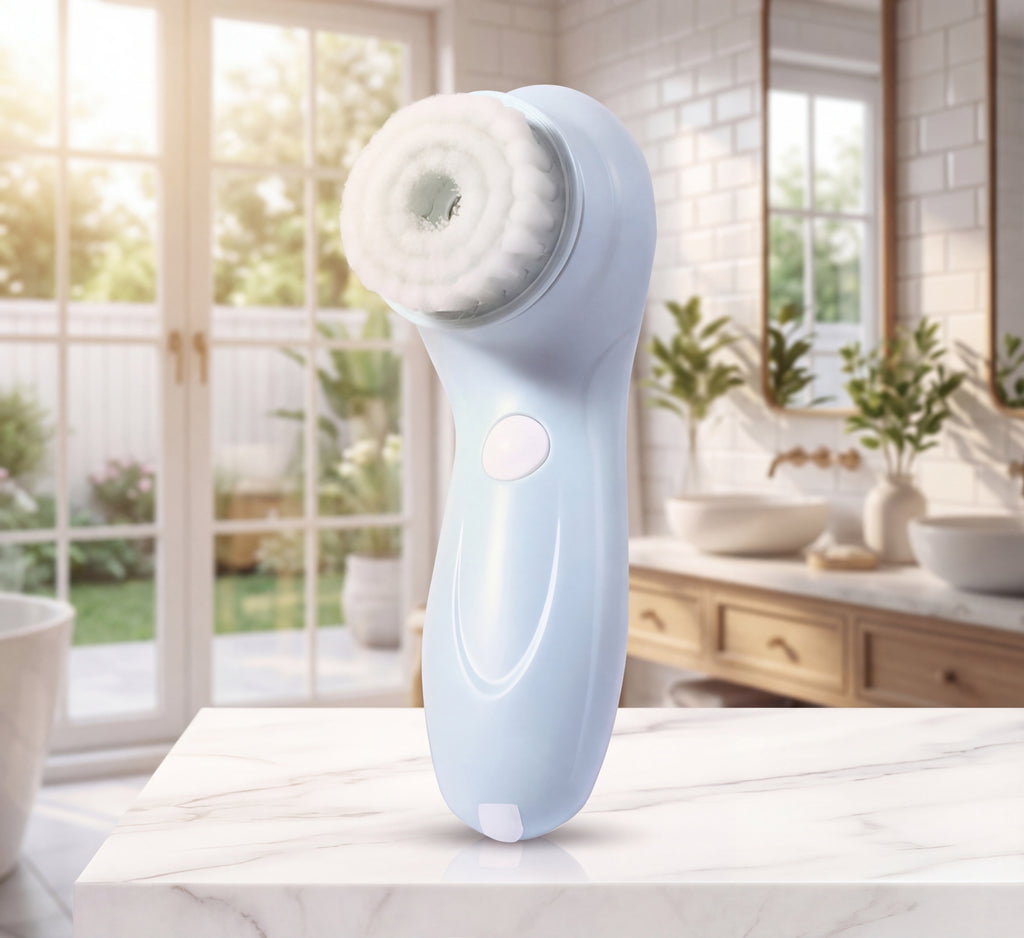 Blue and white facial cleansing brush on a marble surface with a bright bathroom in the background