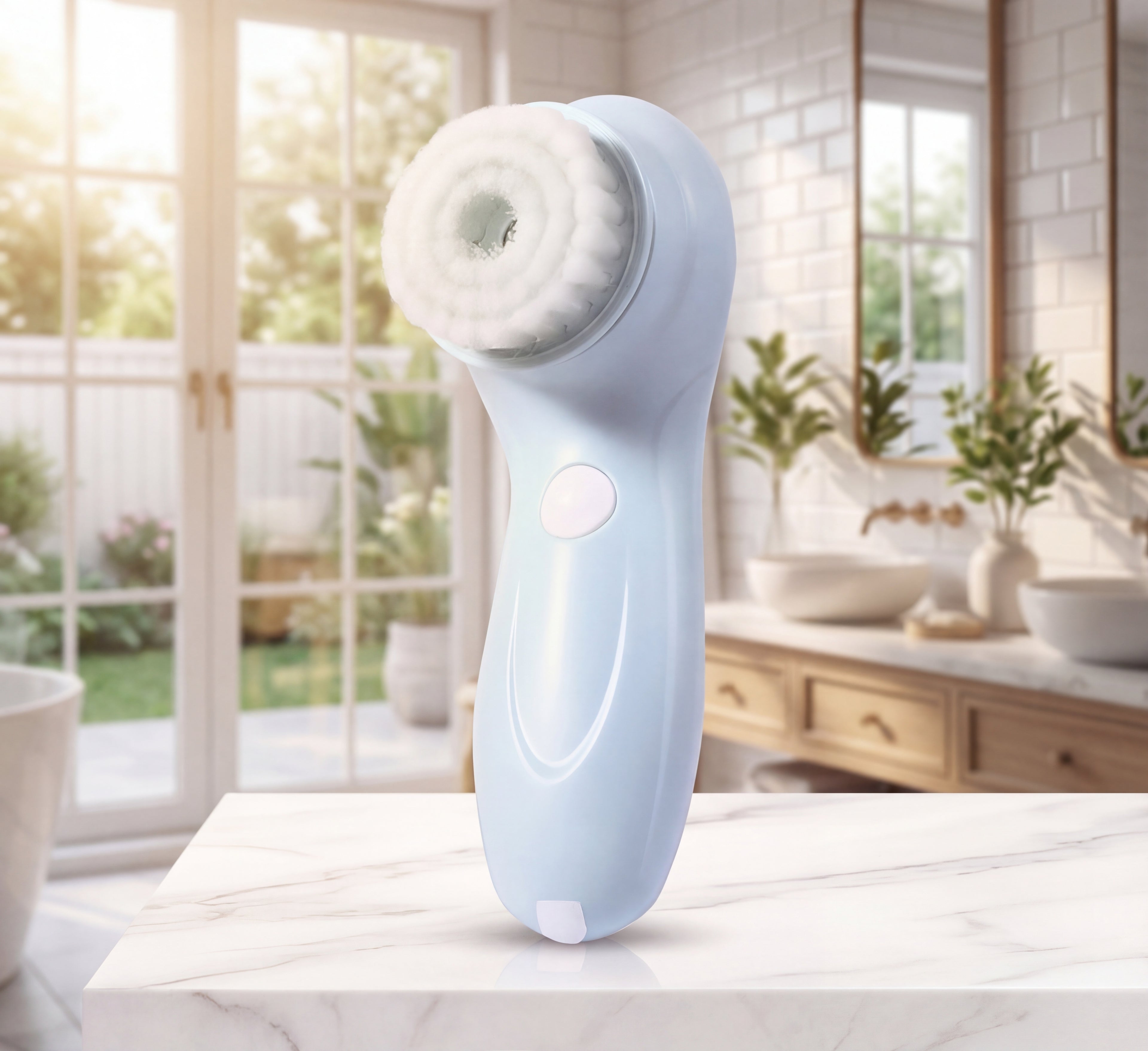 Blue and white facial cleansing brush on a marble surface with a bright bathroom in the background