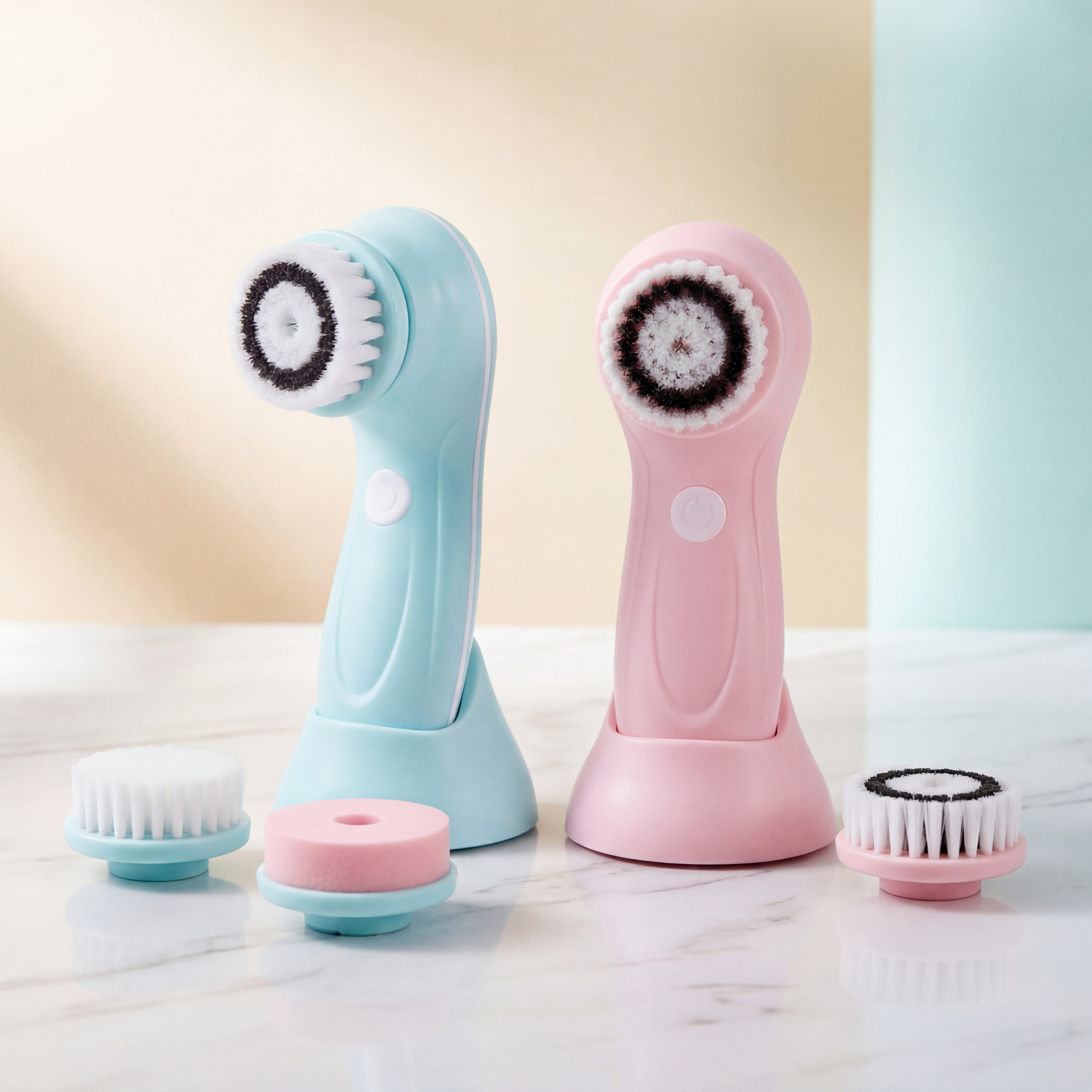 Two facial cleansing brushes, one blue and one pink, on a light surface with a pastel background.