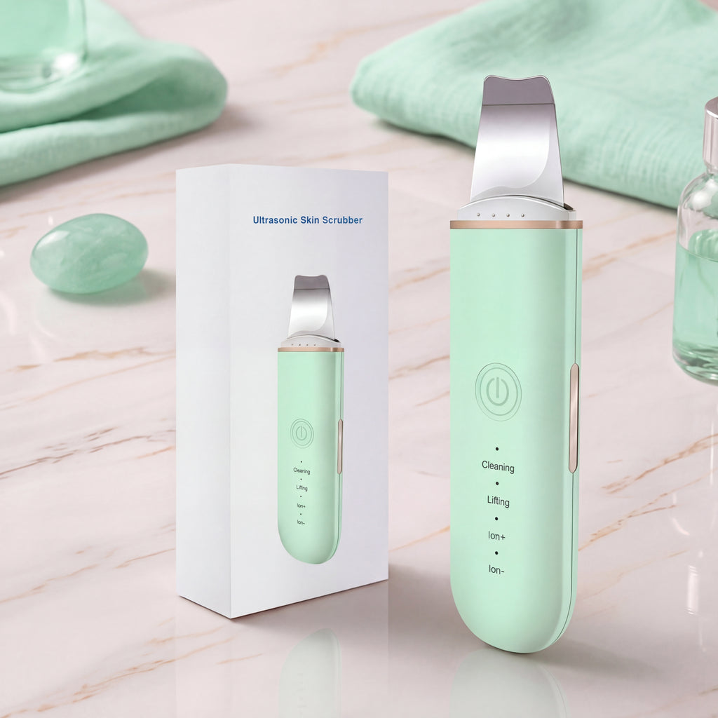 Mint green ultrasonic skin scrubber with packaging on a light background