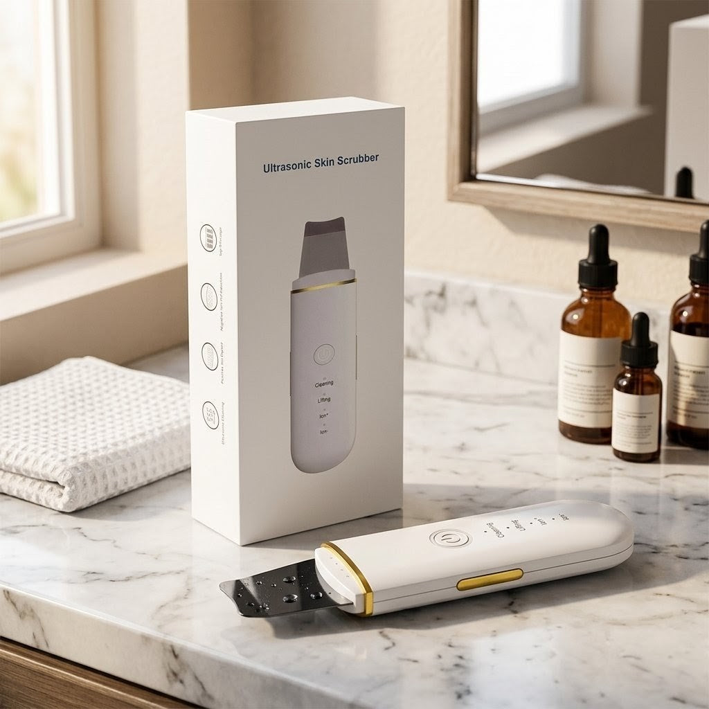 Ultrasonic skin scrubber with packaging on a marble countertop
